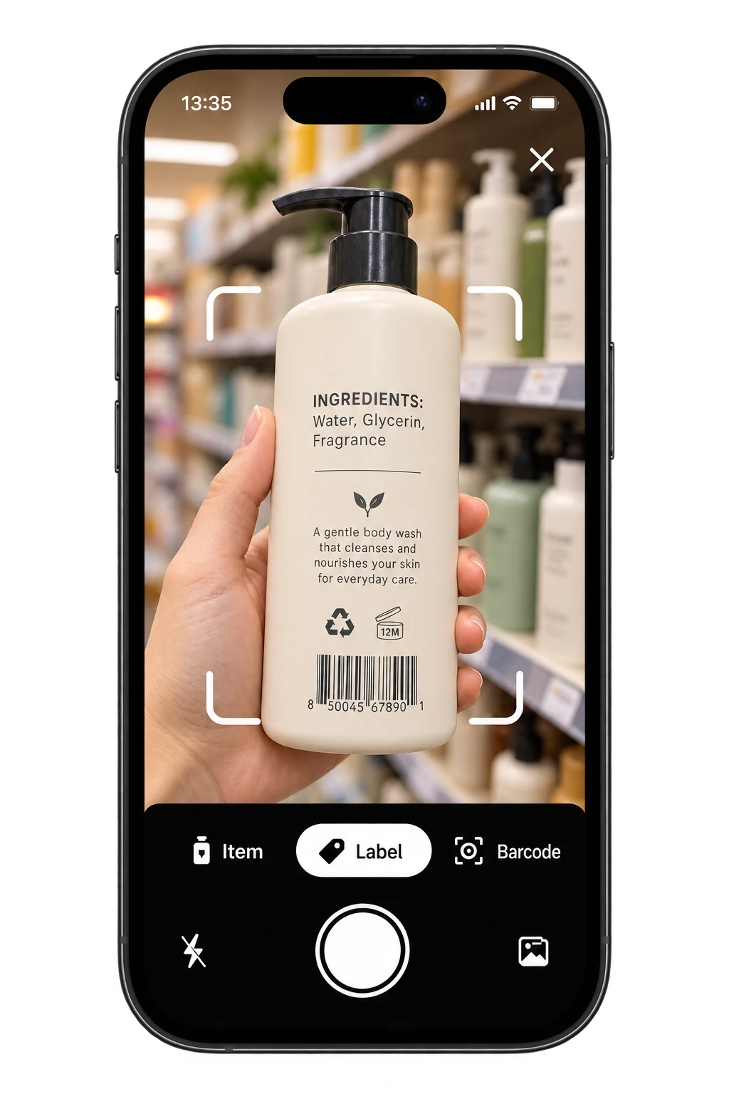Illustrative Toxic Scan camera preview framing a body wash ingredient label