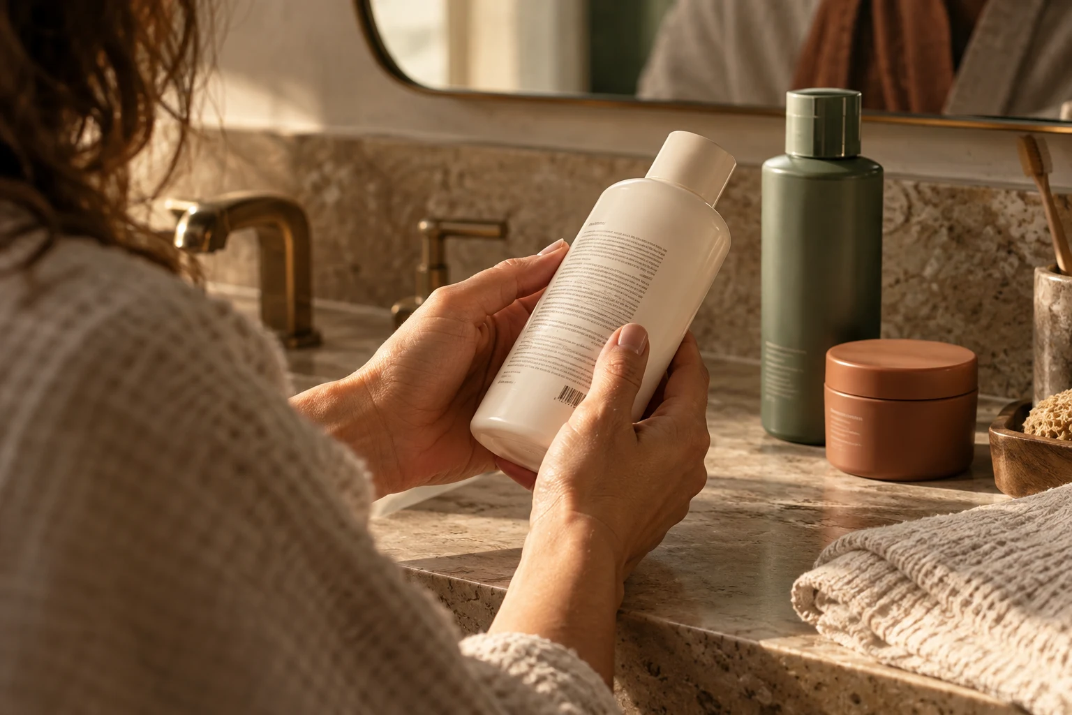 Illustrative bathroom scene of hands reading a body wash label beside shampoo and moisturizer