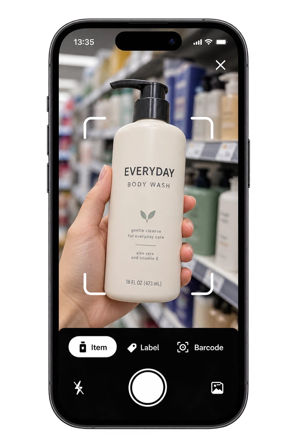 Toxic Scan camera scanning body wash in a personal care aisle
