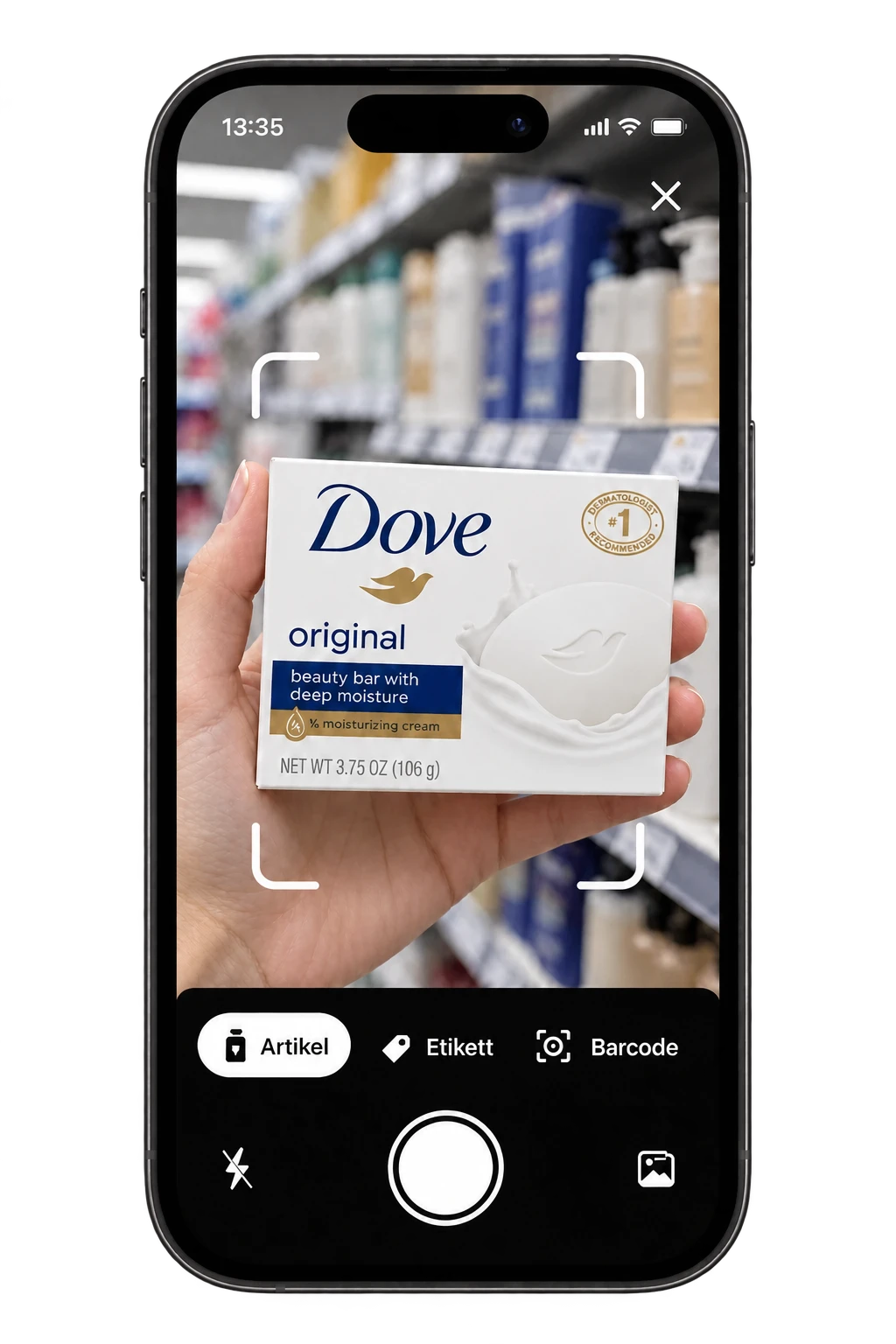 Toxic Scan-Kamera scannt Dove Original Beauty Bar im Körperpflege-Regal