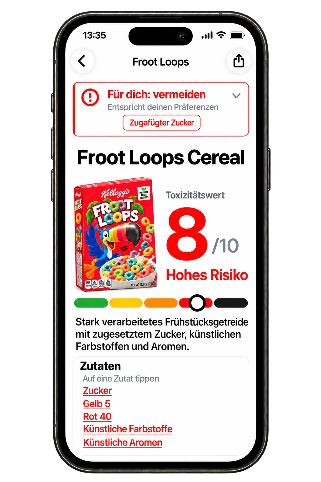 Toxic Scan-Ergebnis für Frühstücksflocken mit Zutaten- und Vorliebenhinweisen