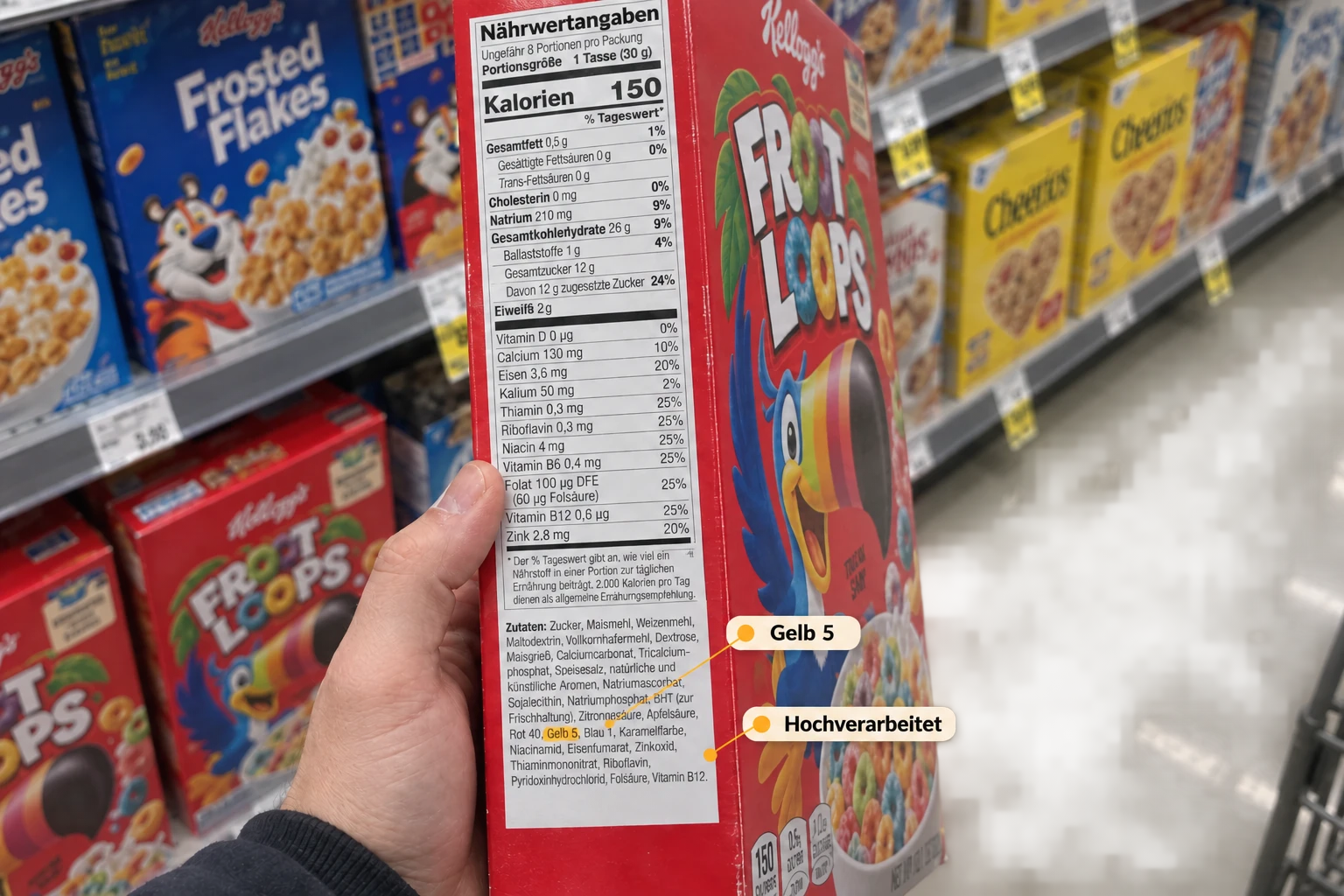 Blick einer einkaufenden Person auf die Zutatenliste an der Seite einer Froot-Loops-Packung, mit eingeblendeten Hinweisen zu Gelb 5 und hochverarbeitet