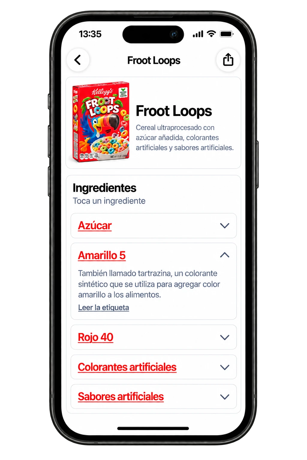 Detalles de ingredientes en Toxic Scan con explicaciones desplegadas