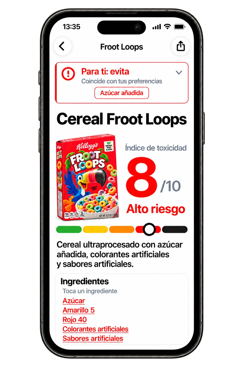 Resultado de unos cereales en Toxic Scan con avisos sobre ingredientes y preferencias