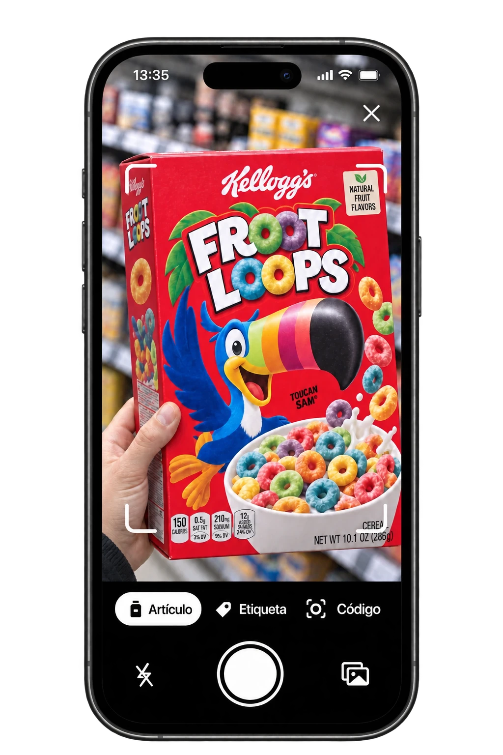 Vista de la cámara de Toxic Scan escaneando unos cereales en un supermercado