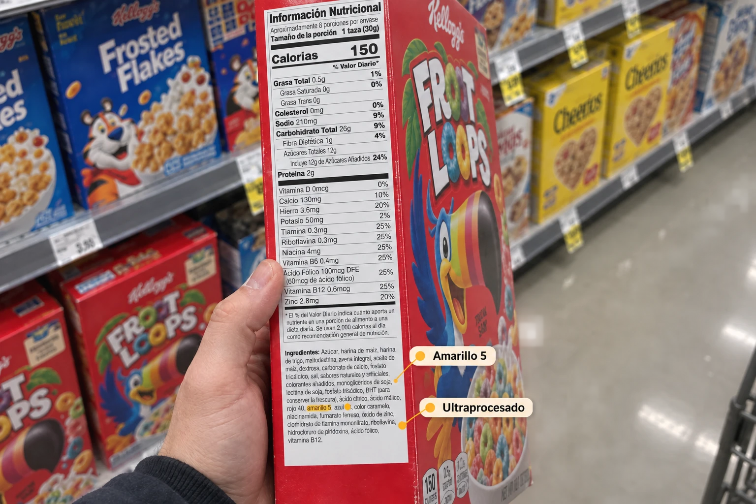 Vista de una persona leyendo los ingredientes del lateral de una caja de Froot Loops, con etiquetas superpuestas de amarillo 5 y ultraprocesado