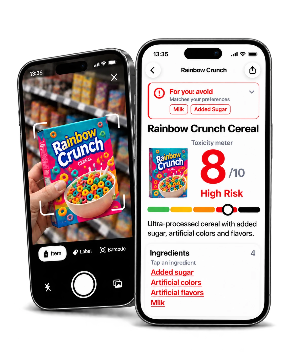 Toxic Scan grocery scan and cereal ingredient breakdown, side by side