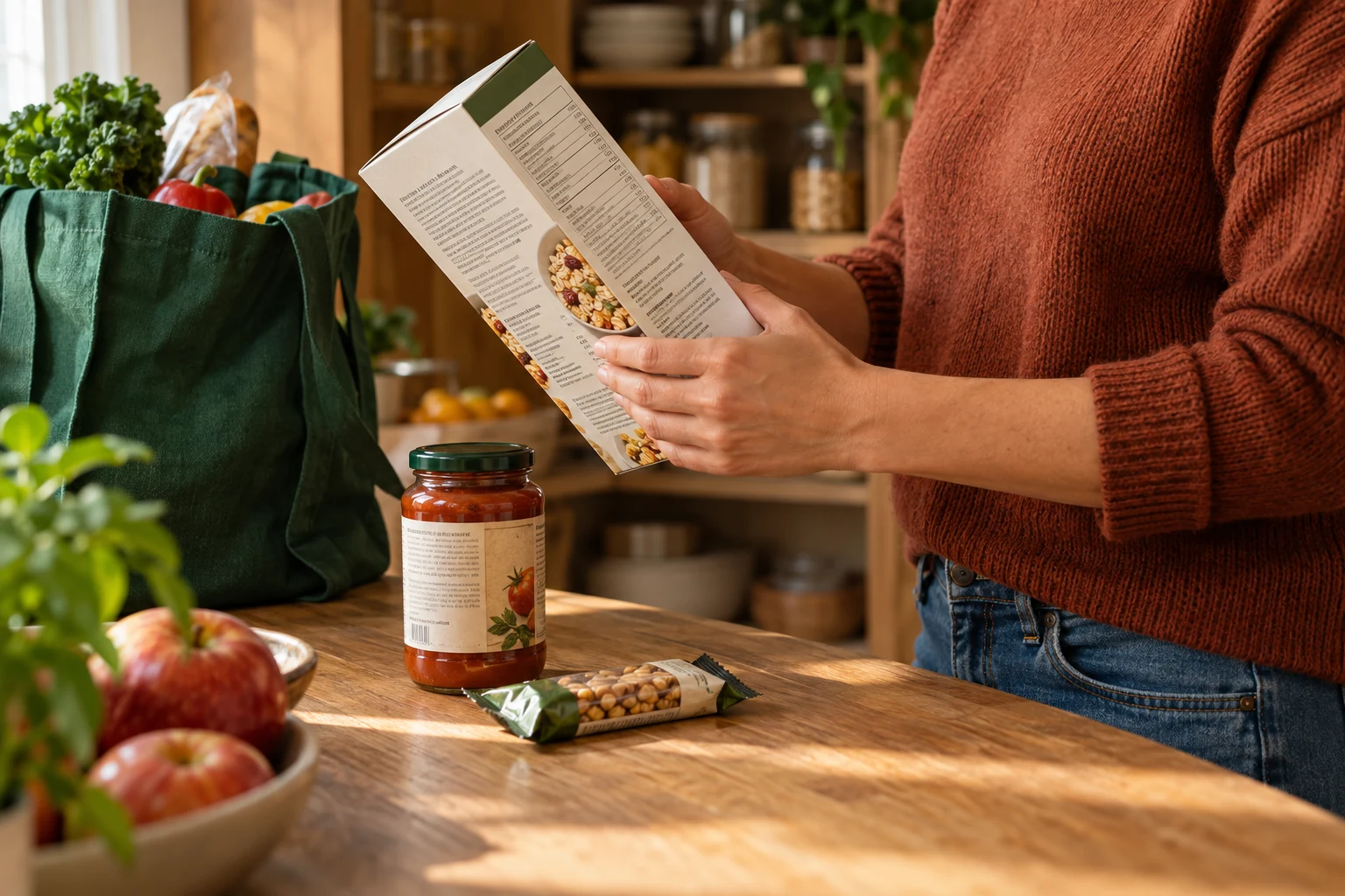 Illustrative kitchen scene of a shopper reading a cereal label beside groceries