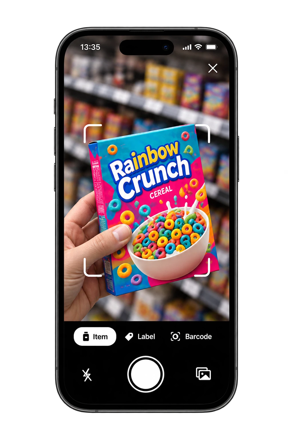 Toxic Scan camera view scanning cereal in a grocery store