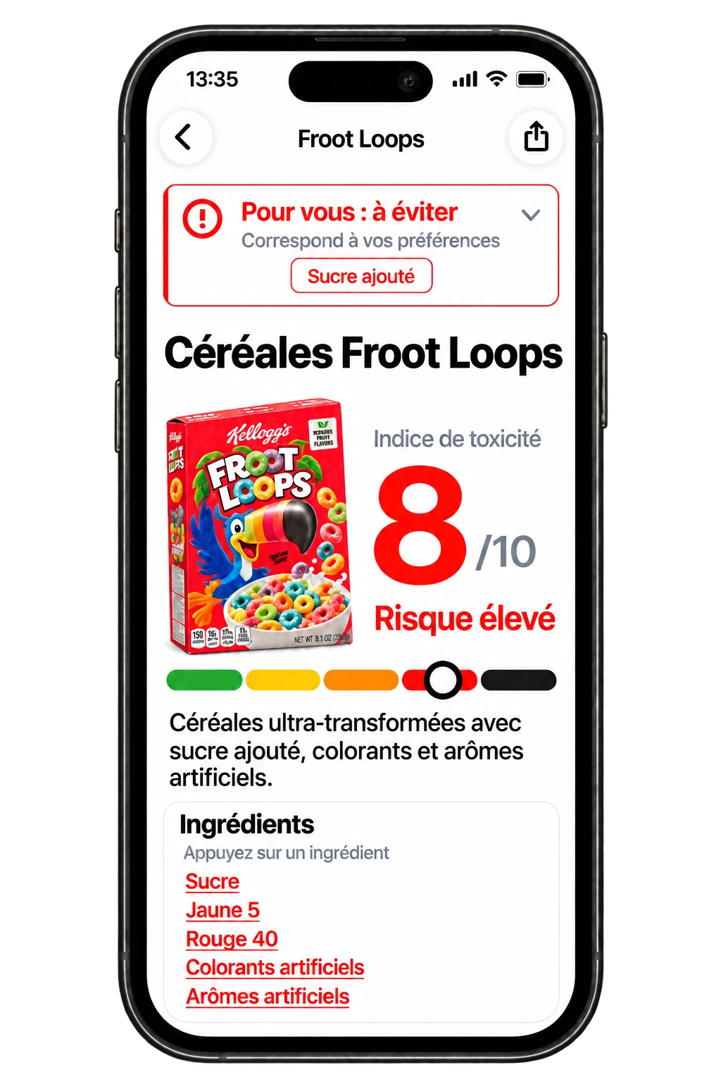 Résultat Toxic Scan pour des céréales, avec les ingrédients et préférences signalés