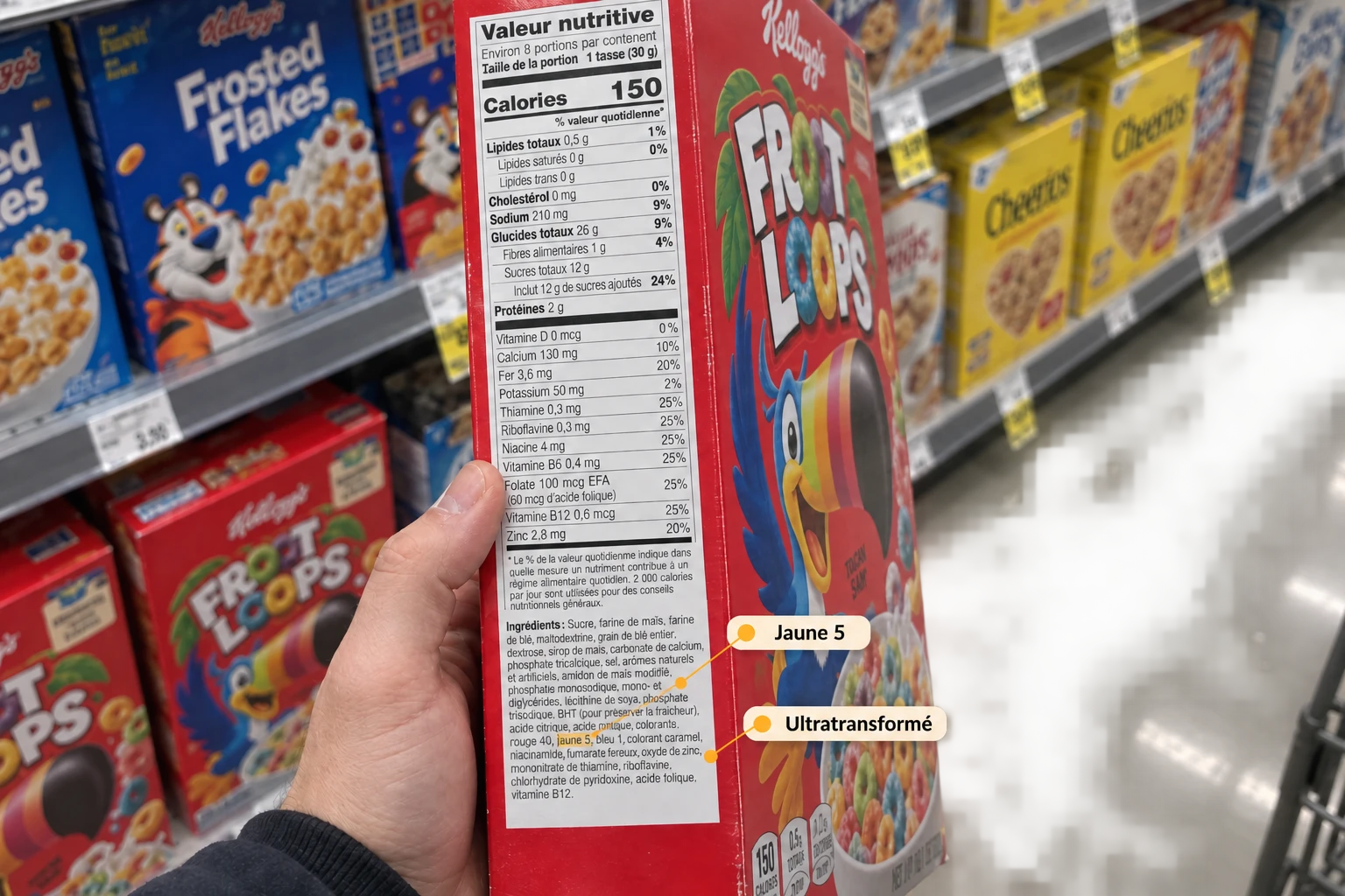 Vue d’une personne lisant les ingrédients sur le côté d’une boîte de Froot Loops, avec les mentions Jaune 5 et Ultratransformé en surimpression