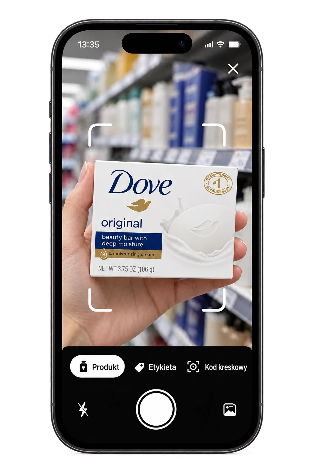 Aparat Toxic Scan skanujący Dove Original Beauty Bar przy półce z produktami do pielęgnacji