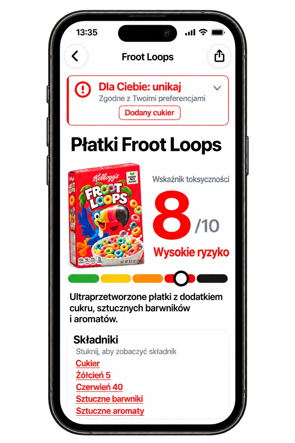 Wynik analizy płatków w Toxic Scan z oznaczeniami składników i preferencji