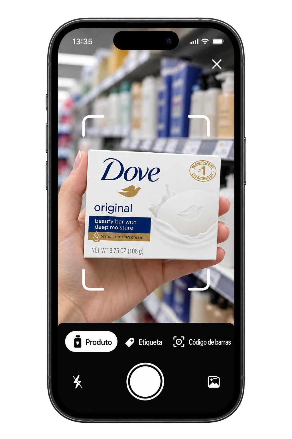 Câmera do Toxic Scan escaneando sabonete Dove Original em uma seção de cuidados pessoais