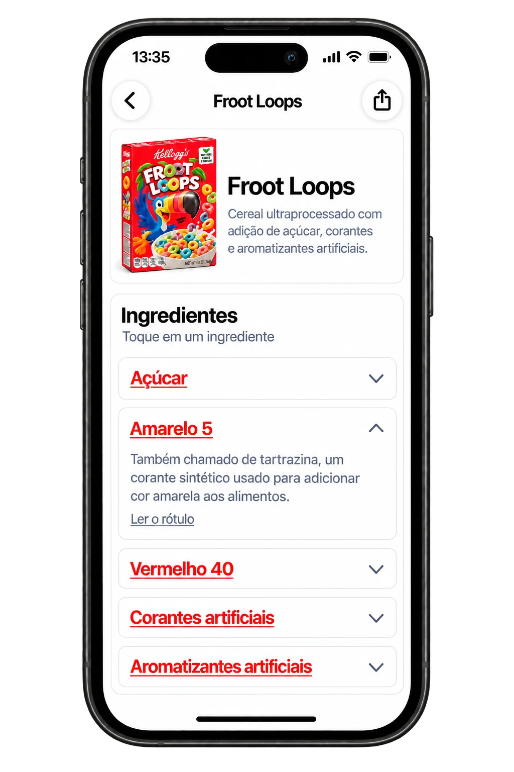 Detalhes dos ingredientes no Toxic Scan com explicações abertas