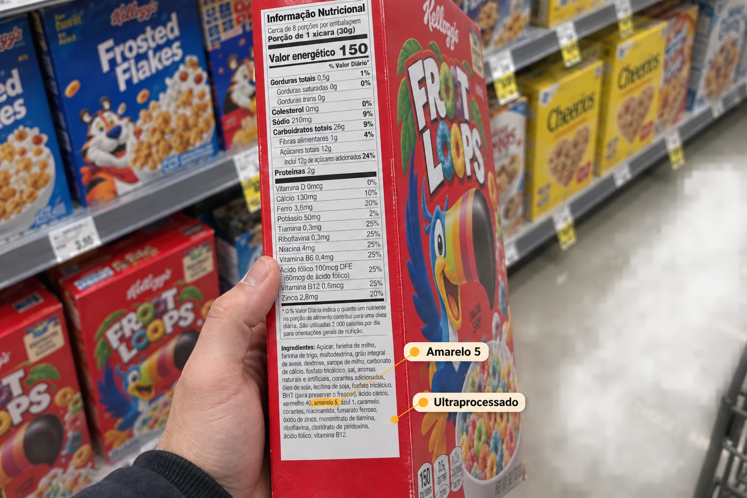 Visão de uma pessoa lendo os ingredientes na lateral de uma caixa de cereal Froot Loops, com indicações de corante amarelo 5 e ultraprocessado